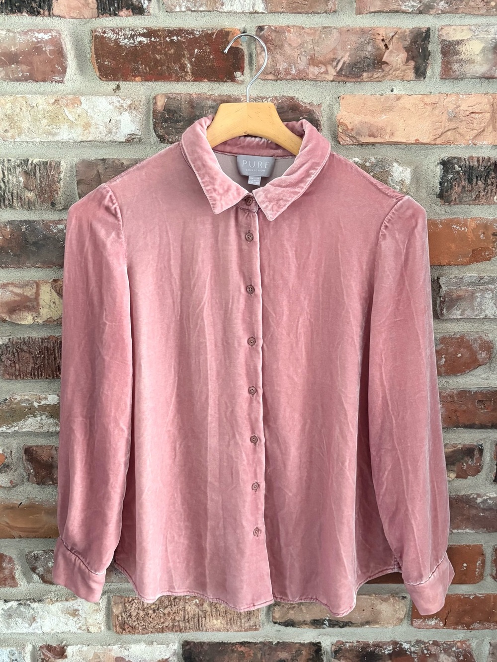 Pure Collection Pink Silk Blend Velvet Long Sleeve Button Up Shirt Top, 8